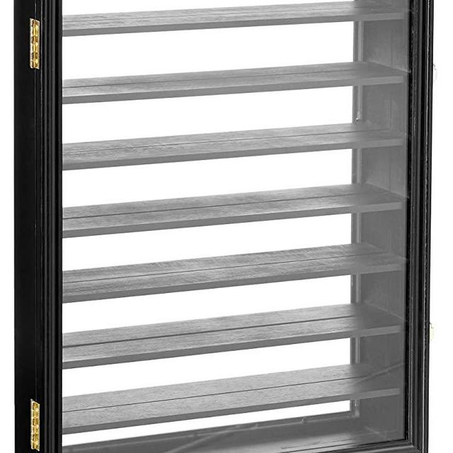 Shot Glass Display Case Wooden Wall Rack Holder Shadow Box Lockable with UV Protection Acrylic Glass Door Shot Glass Collection Display Cabinet Mirror Back Black Finish