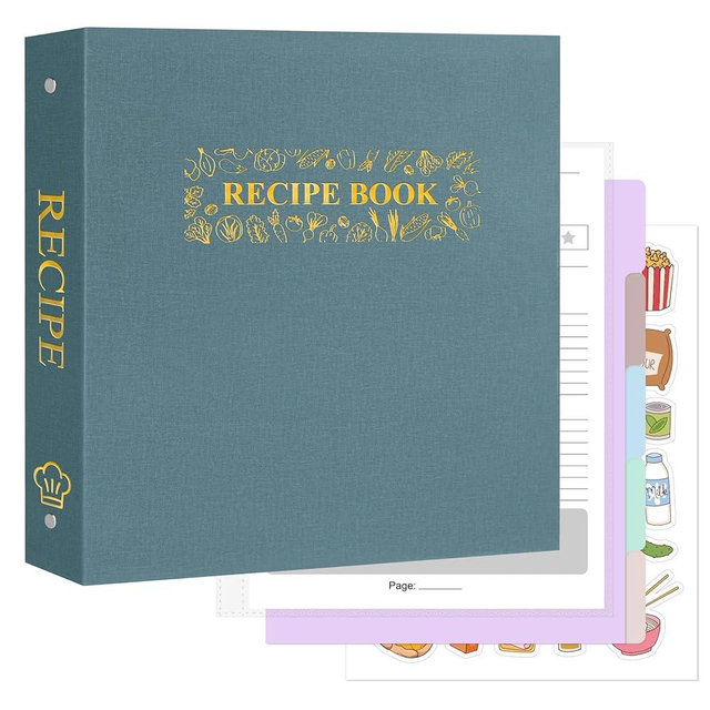 AKONEGE Recipe Binder 8.5"x11" 3 Ring Set Waterproof Recipe Book Binder with 75 Plastic Sleeves, 10 Dividers, 100 Recipe Cards, Labels & Stickers, Hardcover Cookbook for Baking Cooking, Grey Blue