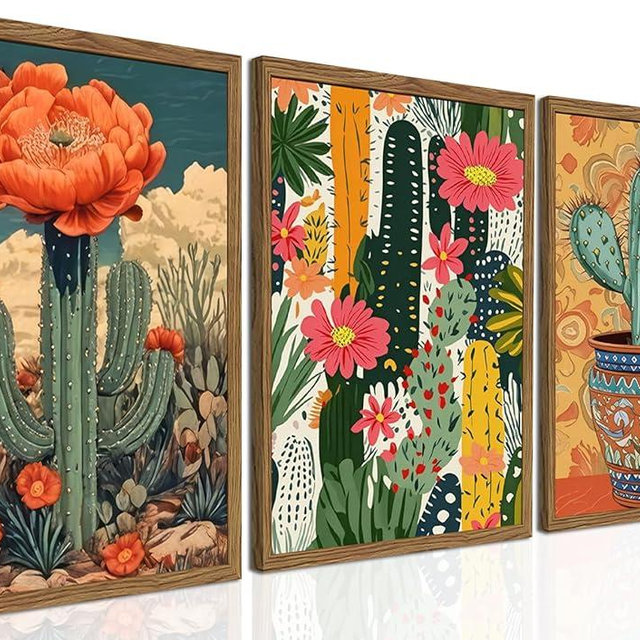 Framed Mexican Cactus Canvas Wall Art Set of 3 - Vintage Desert Floral Wall Decor Paintings, Boho Southwestern Botanical Prints Pictures for Living Room Bedroom Bathroom Home Decor 12x16 inch