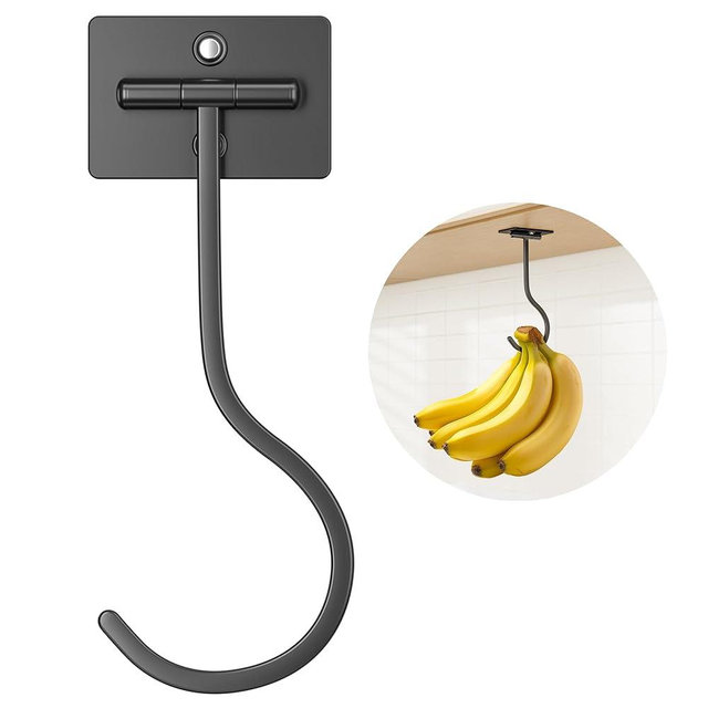 Adhesive Banana Hanger Under Cabinet: Sticky Banana Hooks Under Counter, Banana Holder for Hanging Kitchen Utensil, Foldable with Magnets When Not in Use, Keep Bananas Fresh, Hold 13 LB, Black