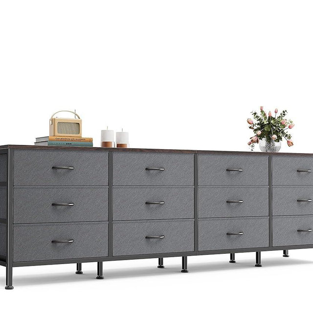 Huuger 70 Inch Dresser for Bedroom, TV Stand for 65, 75, 80 Inch TV, 12 Drawer Long Dresser, Large Storage Organizer Unit, Wide Chest of Drawer with Storage, Fabric Drawer for Living Room, Dark Grey