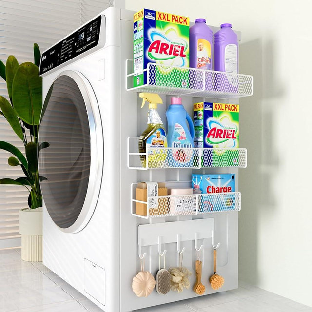 4 Pack Magnetic Shelves for Washing Machine, Magnetic Spice Rack Organizer for Refrigerator, Washing Machine Shelf, Magnetic Laundry Organization and Storage, Laundry Baskets with Hook Shelf, White