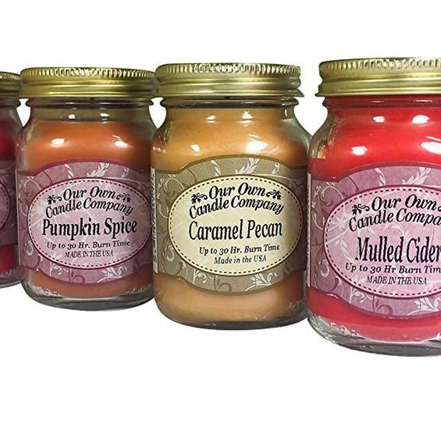 Our Own Candle Company 4 Pack Fall Assortment Mini Mason Jar Candles - 3.5 Oz Caramel Pecan, 3.5 Oz Mulled Cider, 3.5 Oz Pumpkin Spice, 3.5 Oz Macintosh Apple