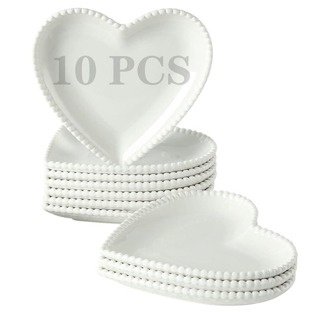 BABALIU 6.3 Inch Porcelain Appetizer Plates Set of 10, Heart Shape Small Dinner Plates, White Dessert Salad Plates Serving Dishes for Cake, Snack, Ice Cream, Waffles, Microwave, Oven, Dishwasher Safe