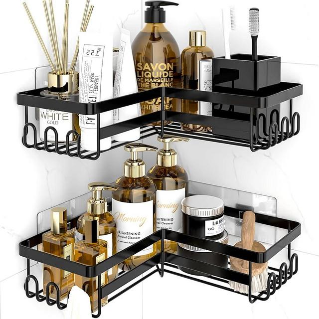 WOWBOX Corner Shower Caddy Shelf Organizer, 2 Pack Adhesive Black Bathroom Accessories, Save Space with Hooks, Toiletries Organization Storage Stainless No Drilling Shower Shelves