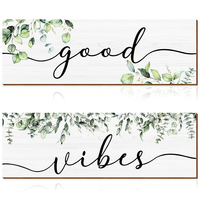 2 Pieces Good Vibes Wall Decor, Wooden Positive Quotes Signs Wall Art Decoration Green Farmhouse Wall Decor Easily Hang Ornament for Room Office Home Wall, 12 x 4 Inches