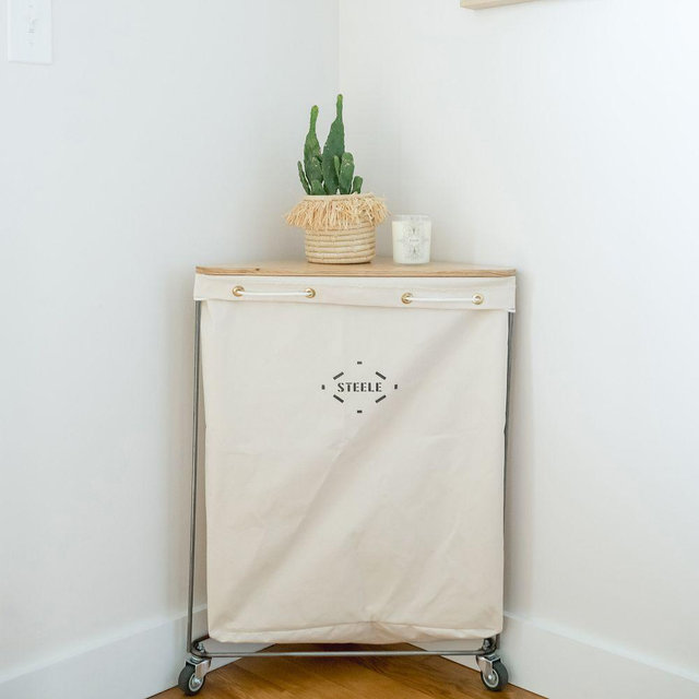 Steele Canvas Corner Bag Caddie + Wood Lid, 22.5"W x 13"D x 30.5"H, Natural