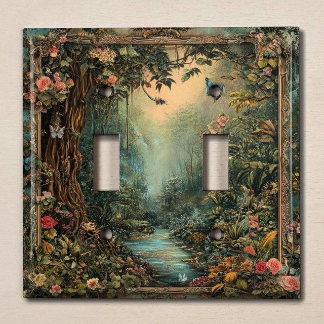 Metal Light Switch Cover | Light Switch Plate, Outlet Cover, Wall Plate, Fantasy Enchanted Forest, Whimsical Floral Forest Butterfly, TRE122