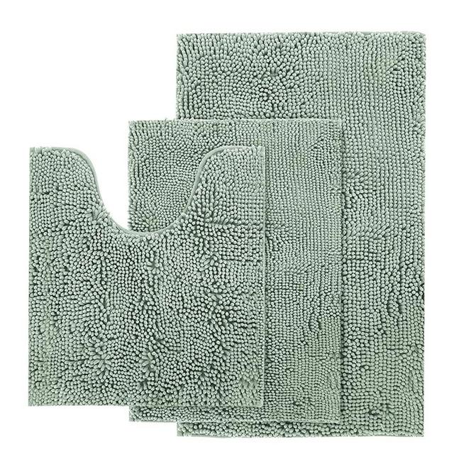 AOACreations Chenille Shag Bath Rugs, Shaggy Bathroom Mat Set of 3 Piece, Soft Plush Luxury, High Pile, Absorbent, Non-Slip, 1 Large , 1 Contour, 1 Small (3-Piece Contour Set, Sage Green)