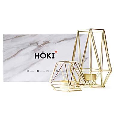 HÖKI+ Set of 2 Gold Geometric Metal Tealight Candle Holders for Living Room & Bathroom Decorations - Centerpieces for Wedding & Dining Room, Coffee Side Tables Decor - Holiday & Christmas Gifts