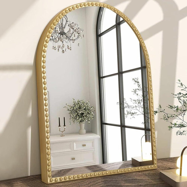 Arch Mirror for Bathroom, Gold Metal Beaded Frame Large 26"x18" Arched Wall Mirror, Decorative Mirror for Vanity Accent Living Room Entryway Bedroom
