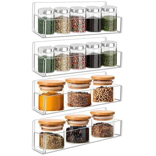 Douildhaiy Acrylic Spice Rack Wall Mount-9 Inch, Clear Spice Shelf Storage Holder, 4 Pack Hanging Seasoning Rack Organizer for Cabinet Door, Cupboard or Wall Kitchen (Adhesive or Screw)