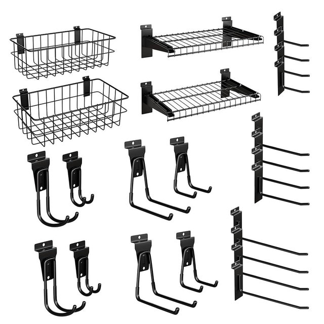 BOBIBAN 24PCS Slatwall Accessories Set, Includes Metal Slatwall Baskets, Shelves and Hooks, Heavy Duty Slat Wall Organizer Kit for Shops, Garage and Room Storage (Black,24pcs)