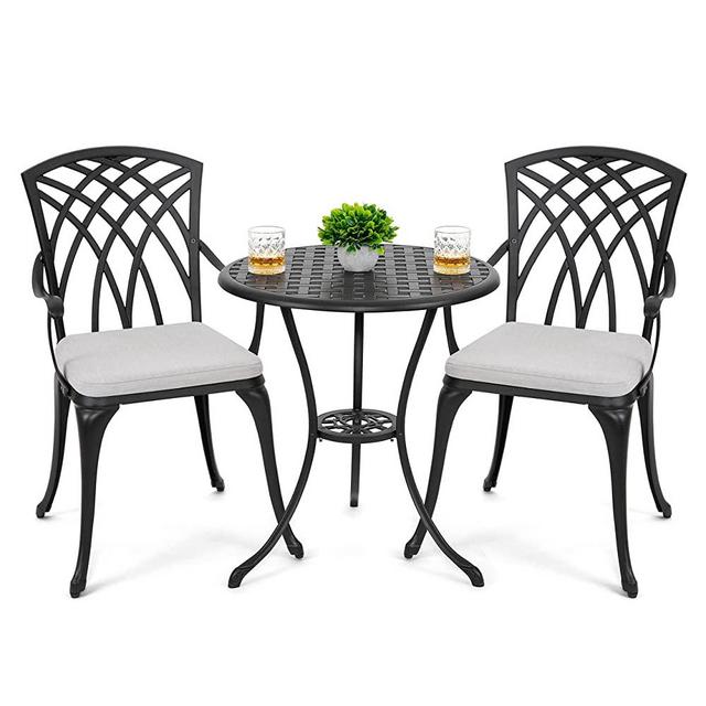 Nuu Garden 3 Piece Patio Bistro Sets Cast Aluminum Bistro Table Set Outdoor Patio Furniture with Umbrella Hole and Grey Cushions for Patio Balcony, Black with Golden Powder