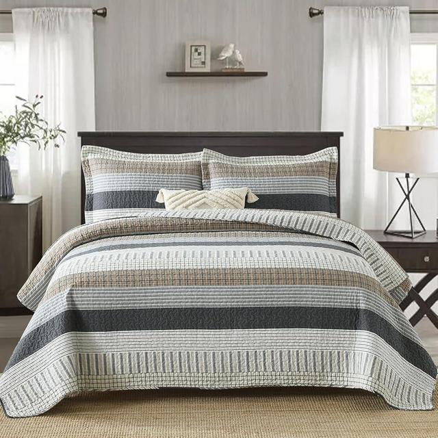Finlonte Quilt King Size, King Quilt Set, Cotton Quilt, Grey Striped King Quilt Bedding Set Bedspreads, Reversible Lightweight Quilt Bedspread Set for All Season, 3-Piece