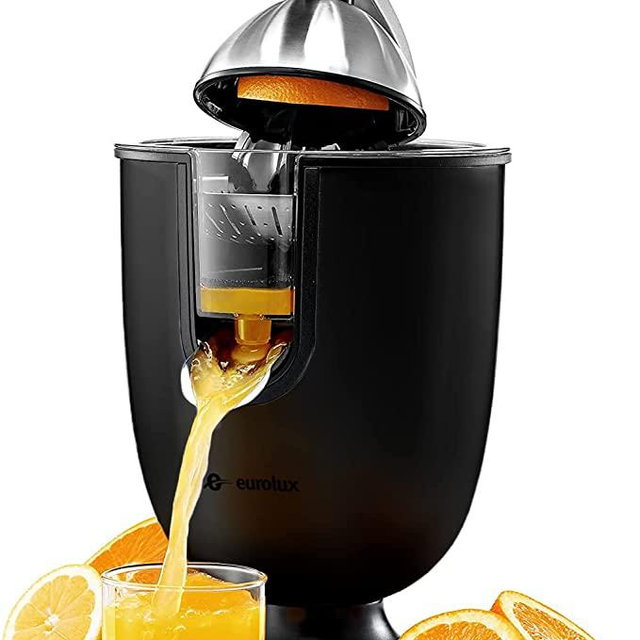 Eurolux Electric Citrus Juicer Squeezer, for Orange, Lemon, Grapefruit, Stainless Steel Soft Grip Handle and Cone Lid for Easy Use Most Powerful Juice Squeezer (ELCJ-1700BLK)