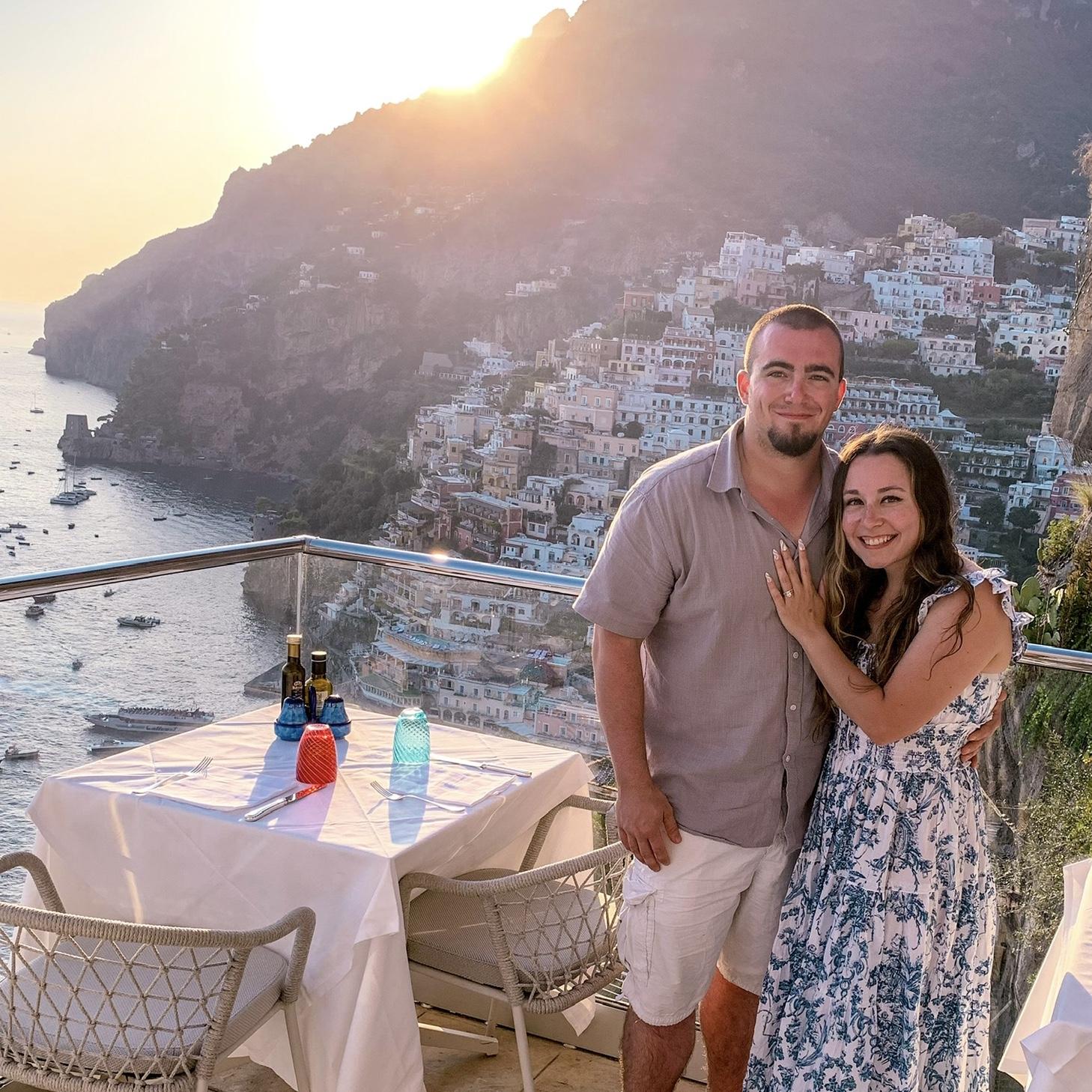 Announcing our engagement, while enjoying a beautiful sunset dinner on the Amalfi Coast