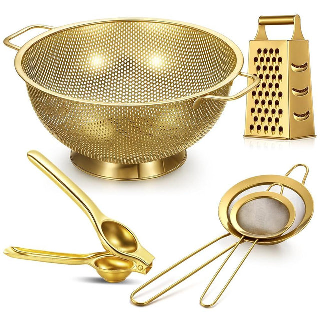 Sawysine 5 Pcs Gold Kitchen Appliances Includes 4 Quart Gold Colander and 2 Pcs Strainer Set, Lemon Squeezer, Stainless Steel 4 Sides Grater Slicer with Handle for Kitchen