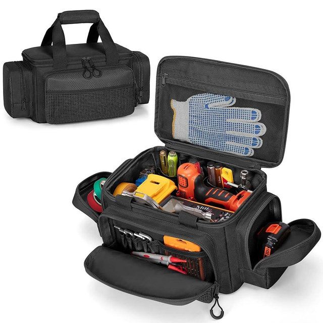 Trahzia Small Tool Bag with Anti-friction Bottom, Tactical 12" Tool Tote for Men, Hand Tool Storage Organizer for Electrician, Repairman and Carpenters, Black