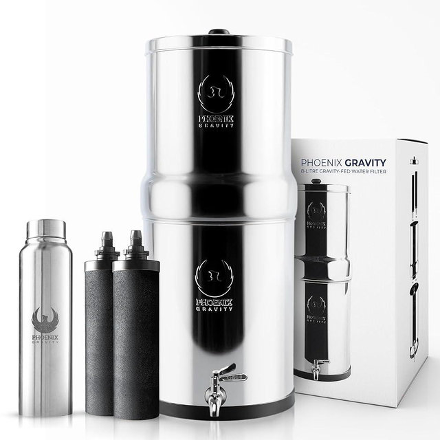 PHOENIX GRAVITY Gravity Water Filter System 2.25 Gallon NSF Certified - AISI 304 Stainless Steel Countertop Water Filtration with 2 Smart (Black) Carbon Filter Elements & Stainless Steel Water Spigot