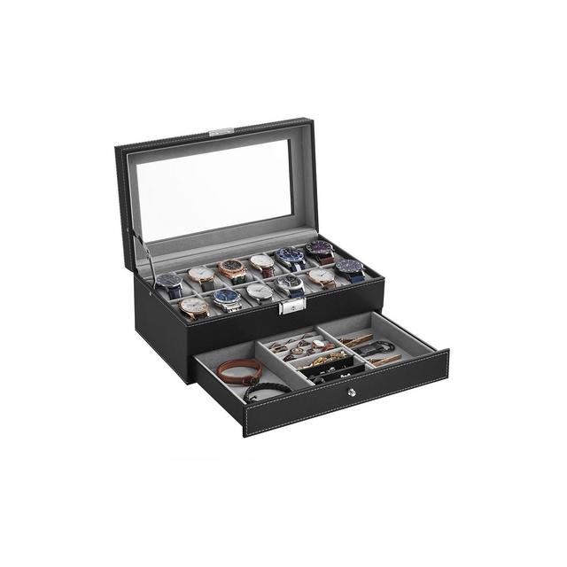 SONGMICS 12-Slot Watch Box, Lockable Watch Case with Glass Lid, 2 Layers, with 1 Drawer for Rings, Bracelets, Gift Idea, Black and Gray