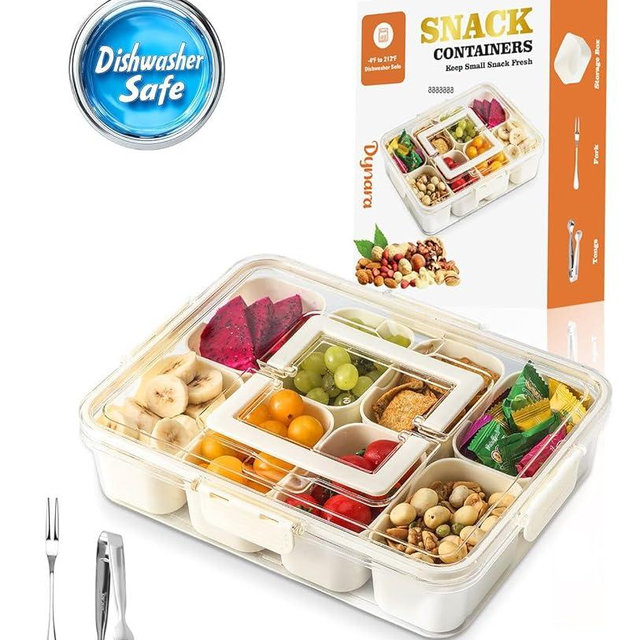 Dynara Snackle Box Container - Dishwasher Safe, German Heat-Resistant Material, Divided Trays with Lid & Handle, Perfect for Fridge Organization, Travel, Charcuterie Boards & Portable Snack Platters