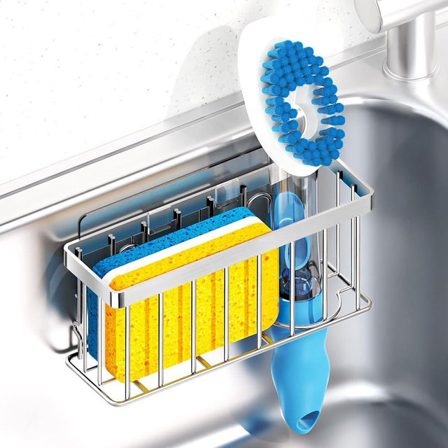 MURLONG Sponge Holder for Kitchen Sink,Sink Caddy Organizer with Suction Cups/Adhesive Strips,Dish Sponge Holder Design for Sponges,Scrubber,Stoppers-Silver