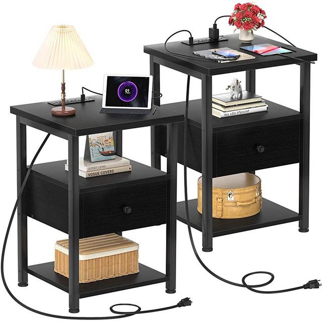 Ecoprsio Nightstand Set of 2 with Charging Station, End Table Bedside Table with USB Ports, Modern Nightstands with Drawers Storage Shelf, Wood Night Stands for Bedroom, Living Room, Sofa Couch, Black