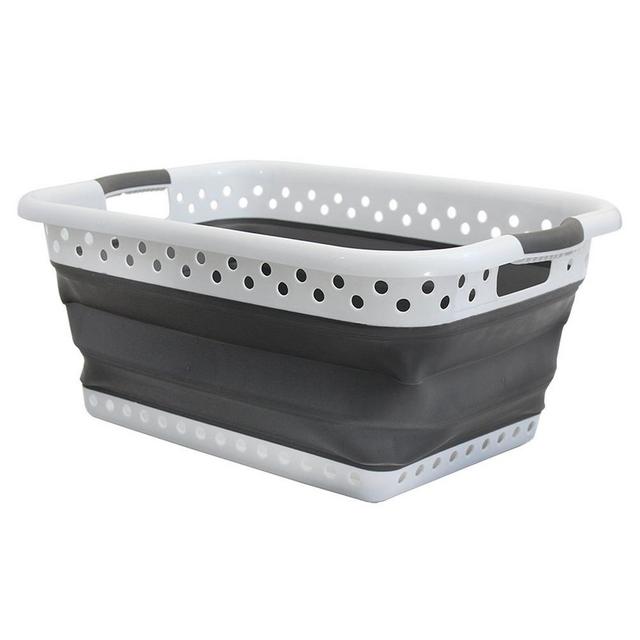 White and Gray Collapsible Plastic and Rubber Laundry Basket