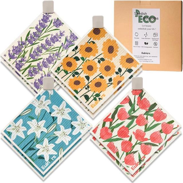 Eulnars Swedish Dishcloths for Kitchen, 8 Pack Flower Swedish Dishcloths with 3 Clips, 9 Classified Labels, Reusable Paper Towels Washable, Biodegradable, Non-Scratch Cellulose Sponge Cloths, No Odor