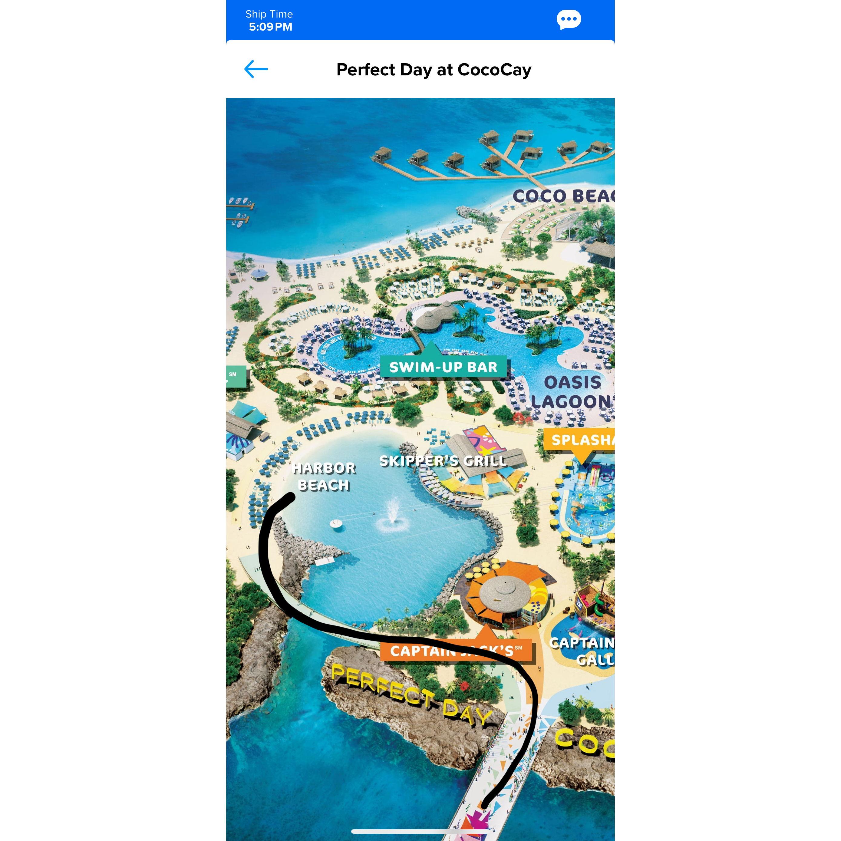 This is the quickest path from the ship to Harbor Beach, where we will be celebrating our day at Cococay, Bahamas.