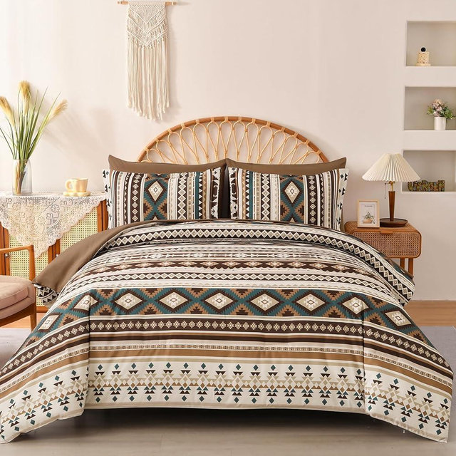 Dinjoy Brown Boho Comforter Set Queen Size,7 Pieces Bed in a Bag Queen Coffee Aztec Bedding Sets with Sheets Bohemian Geometric Striped Complete Set for Summer Fall 90"x90"
