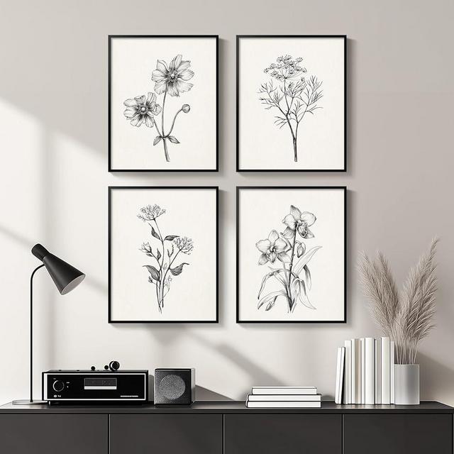 Framed Black and White Floral Wall Art, Set of 4 Piece Vintage Rustic Botanical Canvas Paintings Artwork for Walls, Minimalist Flower Art Prints Pictures for Living Room Bedroom Kitchen Bathroom Wall Decor 11x14 Inch