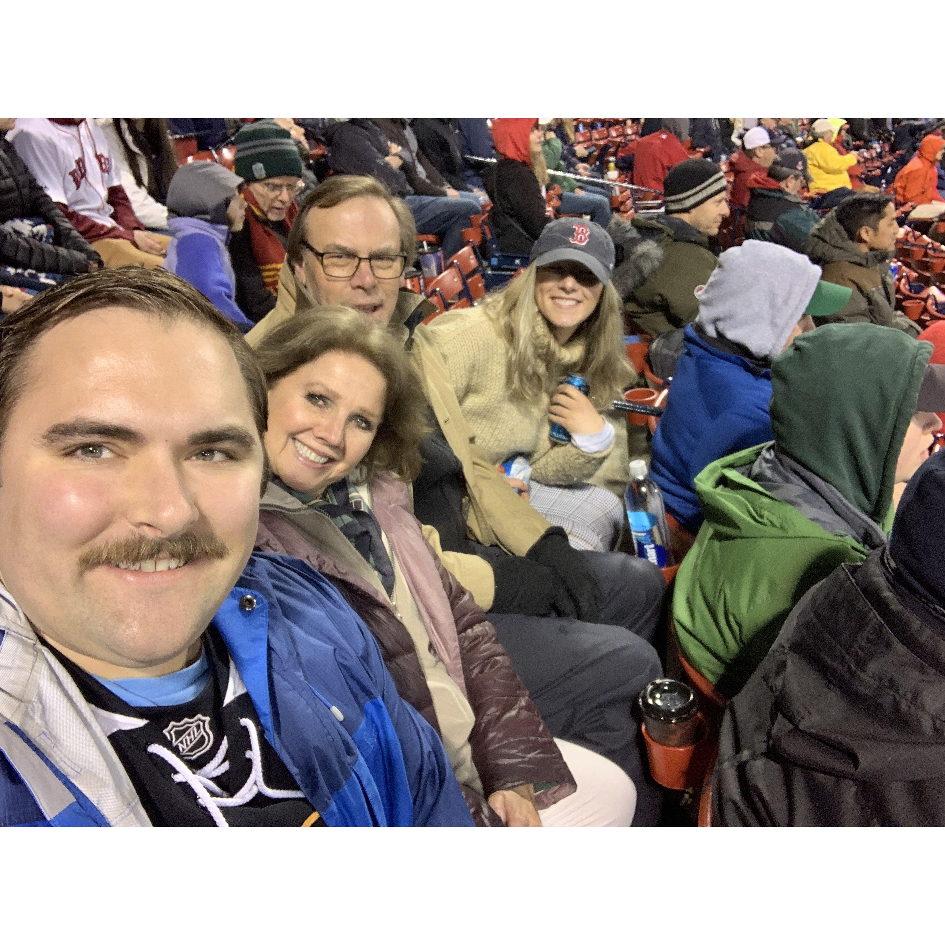 Behind home plate at Fenway Park with Bride's parents, Jane and Mike