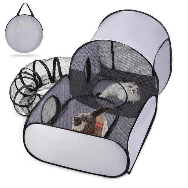 Tailtastic Dog Playpen with Surround Tunnel, Outdoor/Indoor Cat Playpen with Breathable Soft Sides，Tailtastic Cat Enclosure Tent for Small Animals, Portable Cat Tent with Carry Bag (Large)