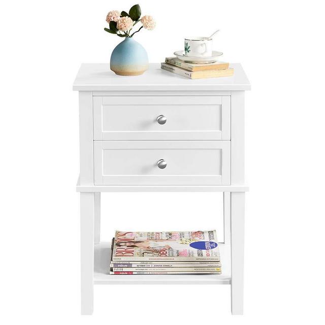 YAHEETECH 2 Tier Wood End Table Sofa Side Table Cabinet with 2 Drawers and Bottom Open Storage Shelf, for Living Room, White