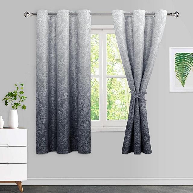 JIUZHEN Grey Ombre Blackout Curtains for Bedroom– Damask Patterned Thermal Insulated Noise Reducing Grommet Curtains with Tiebacks, 42 x 63 Inches, Set of 2 Window Curtain Panels