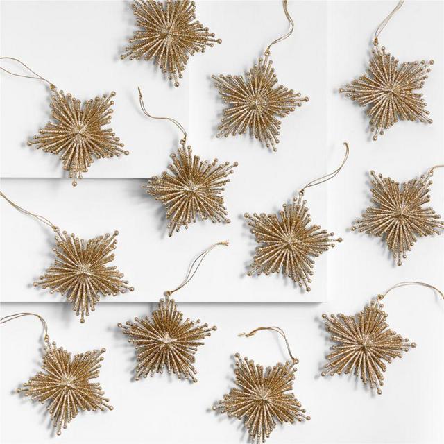 Gold Glitter Starburst Christmas Ornaments, Set of 12