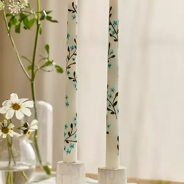 Painted Floral Taper Candles, Set of 2