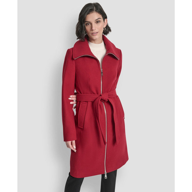 DKNY Women's Collared Neck Belted Coat