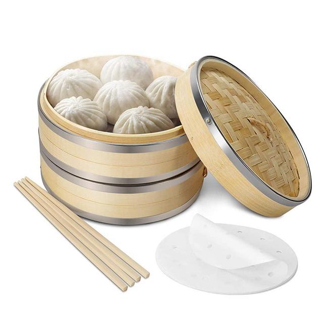 Flexzion Bamboo Steamer Basket Set (10 inch) with Stainless Steel Banding 50x Steamer Liners and 2 Pairs of Chopsticks, Chinese Steamer for Cooking Food