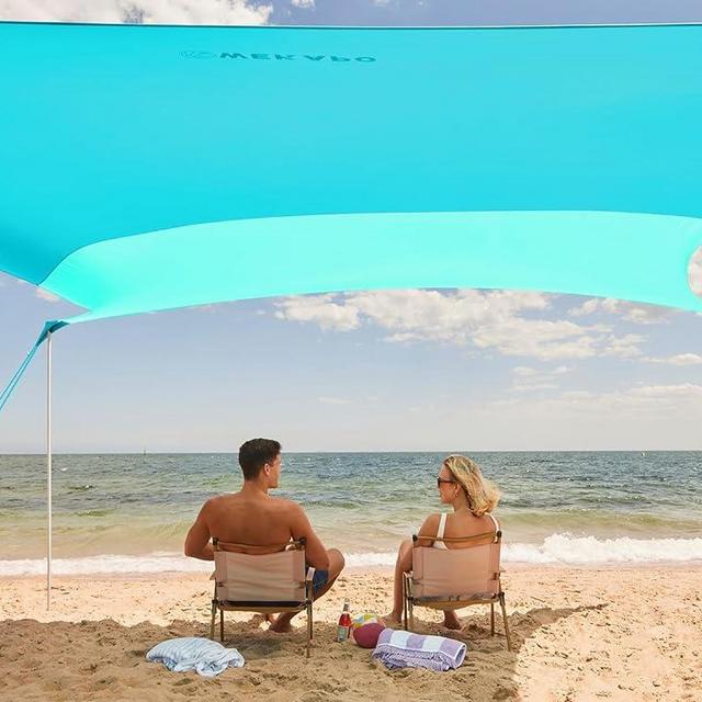 WEKAPO Beach Shade Canopy, 10x10 FT Beach Tent Sun Shelter with 4 Poles, Large Sand Shovel and Ground Pegs, UPF 50+ Outdoor Shade for Camping Trips, Fishing (Turquoise, 10x10 FT 4 Pole)