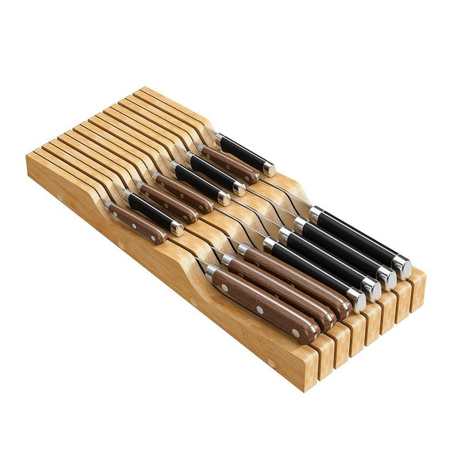 Bamboo In-Drawer Knife Block for 15 Knives(Not Included), Knife Drawer Organizer,Knife Holder Countertop,Block Knife Storage Organizer for Kitchen