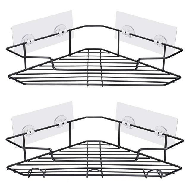 AmazerBath Adhesive Bathroom Corner Shower Shelf Corner Shower Caddy with Hooks Stainless Steel Shower Storage Organizer Wall Mounted for Bathroom, Kitchen, Toilet - 2 Pack, Black