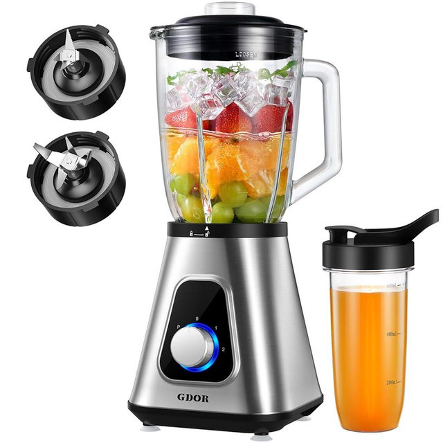 GDOR 1200W Blender for Smoothies and Shakes, 52 Oz Glass Jar & 22 Oz To-Go Cup Combo, Countertop Blender with 6-leaf Blade, 3 Adjustable Speed for Juices, Frozen Fruit Drinks, Sauces, Self-Cleaning