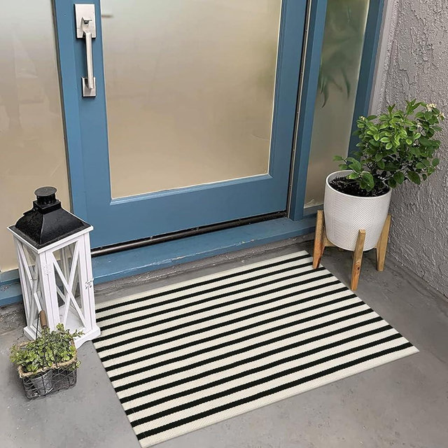 OJIA Front Door Mat 24"x35" Black Striped Front Door Rug Machine Washable Entry Rug Cotton Woven Indoor Outdoor Doormat Small Area Rugs for Porch/Home Entrance/Entryway/Bathroom/Kitchen Room