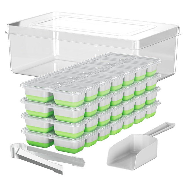 Aisle 3 Essentials Silicone 56 Pcs Ice Cube Tray with Lid and Bin, 4-Pack Ice Trays for Freezer, Large Bin & Lid Cover, 4 Stackable Ice Cube Trays for Freezer, Tongs & Ice Scooper Included