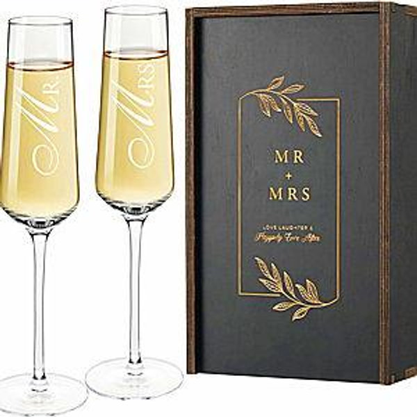 AW BRIDAL Mr and Mrs Gifts Wedding Champagne Flutes, Engagement Gifts for Couples and Newlyweds, Bride and Groom Champagne Glasses with Wood Keepsake Box,Bridal Shower Gifts for Bride to Be