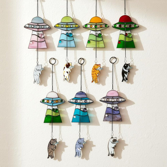 Custom Stained Glass Cat UFO Spaceship Suncatcher: Feline Alien Encounter Mobile