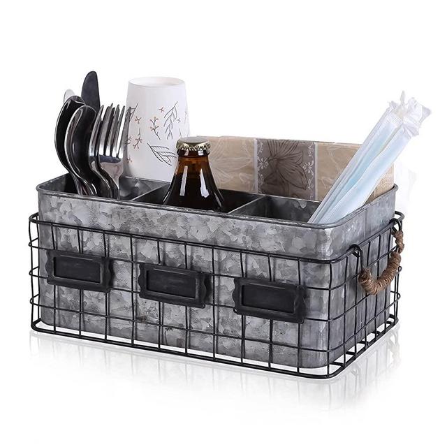 NIKKY HOME Utensil Caddy for Parties, Farmhouse Flatware Caddy for Countertop, Rustic Galvanized Silverware Cutlery Caddy with Napkin Holder for Kitchen, Dining, Outdoors, Picnics, Parties - Silver